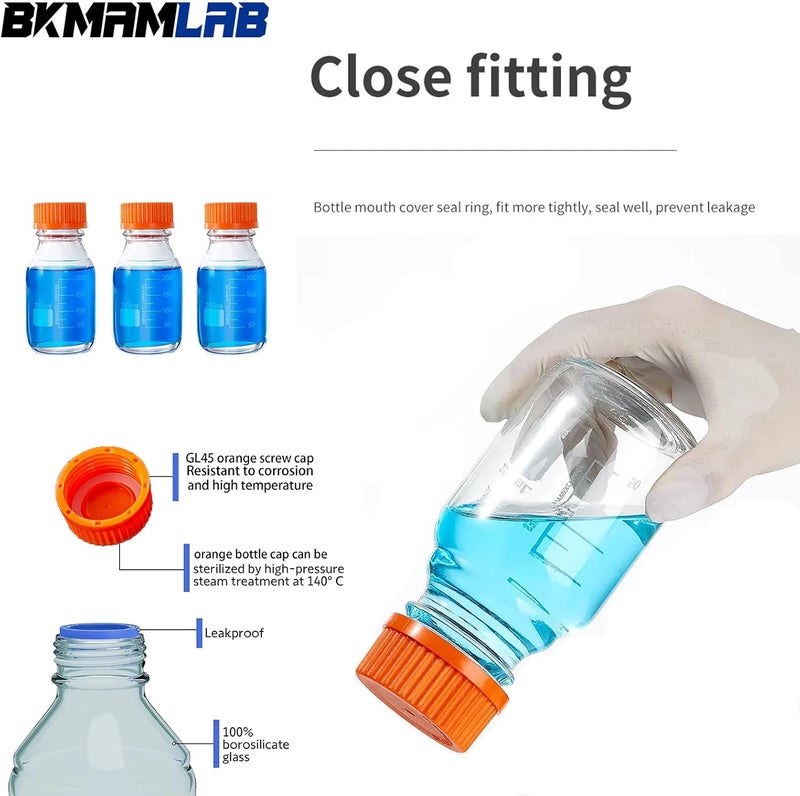 BKMAMLAB 250ml Round Media Storage Bottles with GL45 Screw Cap Borosilicate Glass Maximum temperature 249.8°F Pack of 3 - Image 4